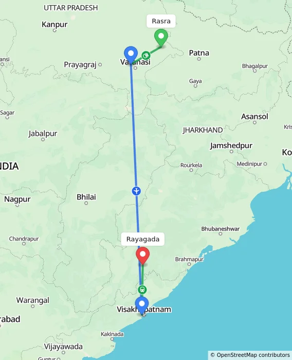 Route map showing distance and travel time from Rasra, India to Rayagada, India