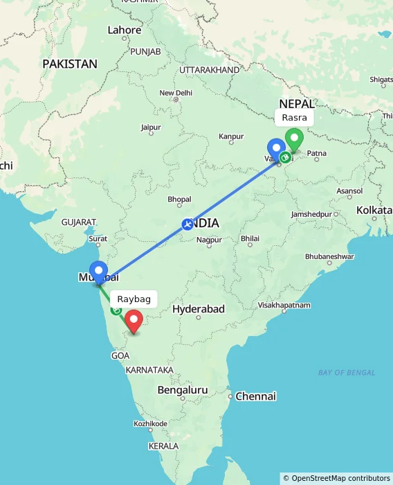 Route map showing distance and travel time from Rasra, India to Raybag, India