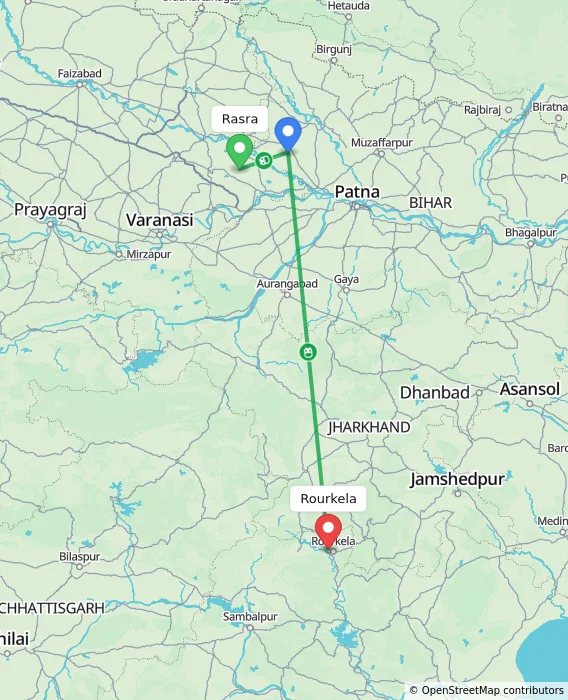 Route map showing distance and travel time from Rasra, India to Rourkela, India