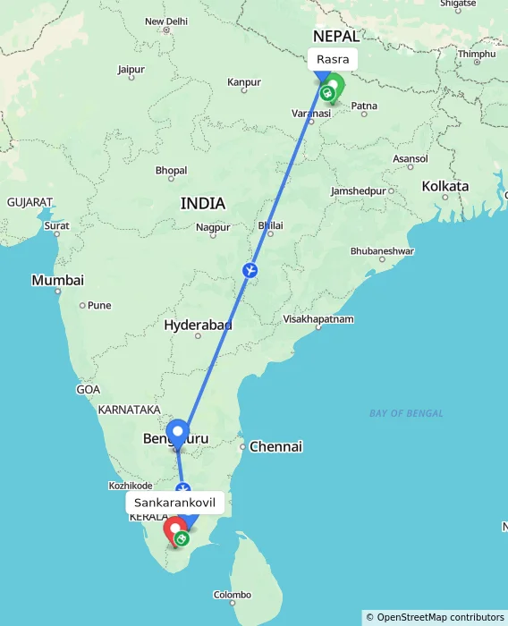 Route map showing distance and travel time from Rasra, India to Sankarankovil, India