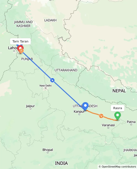 Route map showing distance and travel time from Rasra, India to Tarn Taran, India