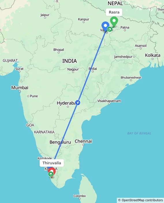 Route map showing distance and travel time from Rasra, India to Thiruvalla, India