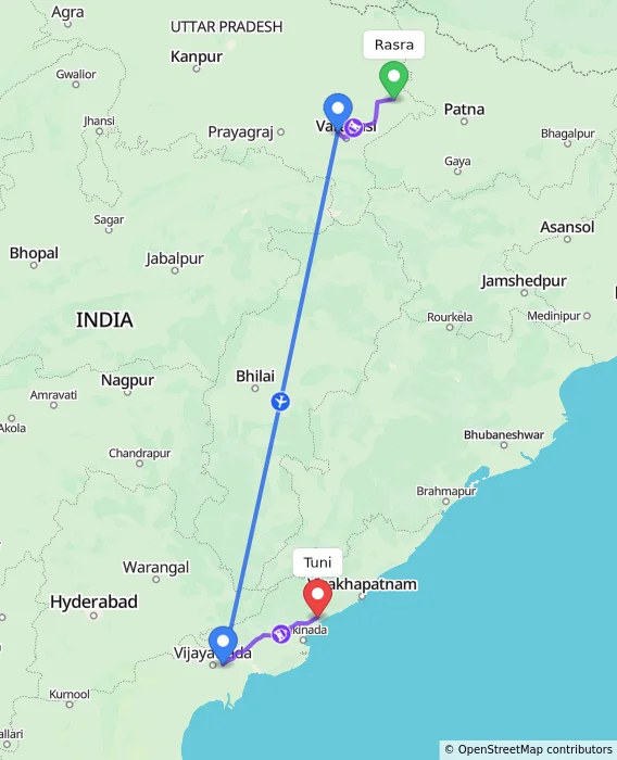 Route map showing distance and travel time from Rasra, India to Tuni, India