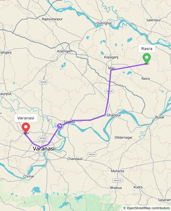 Route map showing distance and travel time from Rasra, India to Varanasi, India
