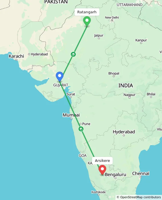 Route map showing distance and travel time from Ratangarh, India to Arsikere, India