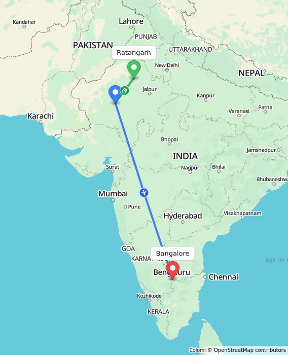 Route map showing distance and travel time from Ratangarh, India to Bangalore, India