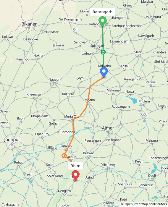 Route map showing distance and travel time from Ratangarh, India to Bhim, India