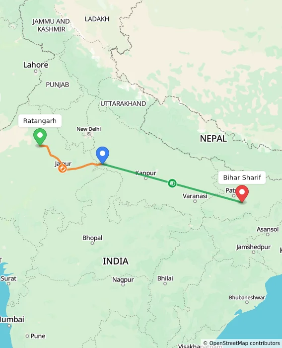 Route map showing distance and travel time from Ratangarh, India to Bihar Sharif, India
