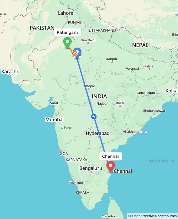 Route map showing distance and travel time from Ratangarh, India to Chennai, India