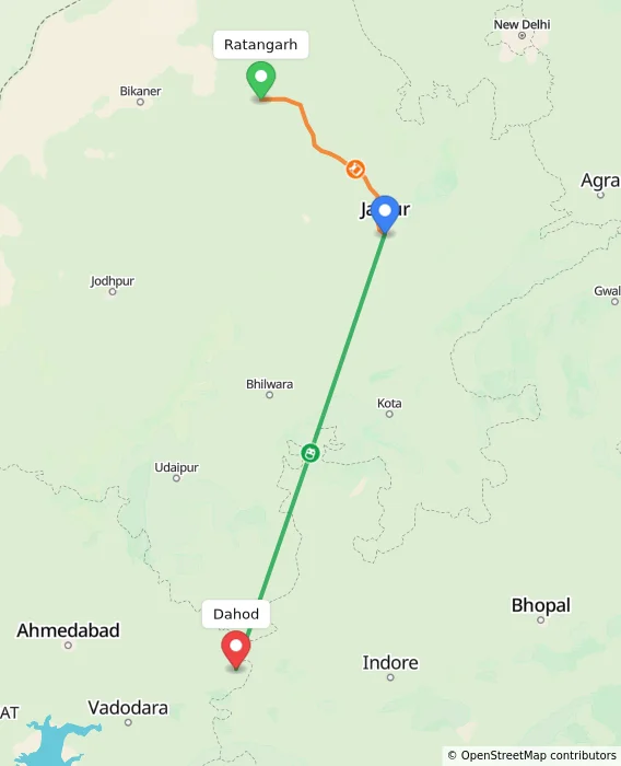 Route map showing distance and travel time from Ratangarh, India to Dahod, India