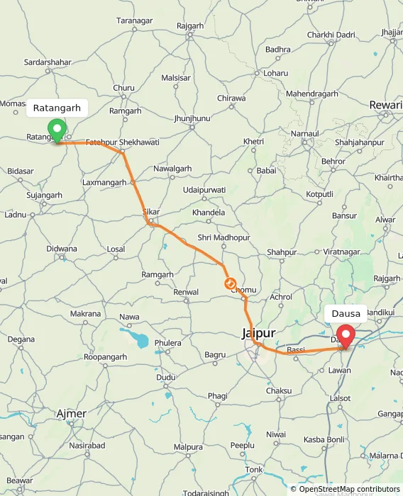 Route map showing distance and travel time from Ratangarh, India to Dausa, India