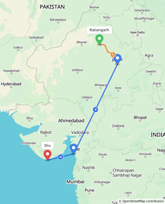 Route map showing distance and travel time from Ratangarh, India to Diu, India