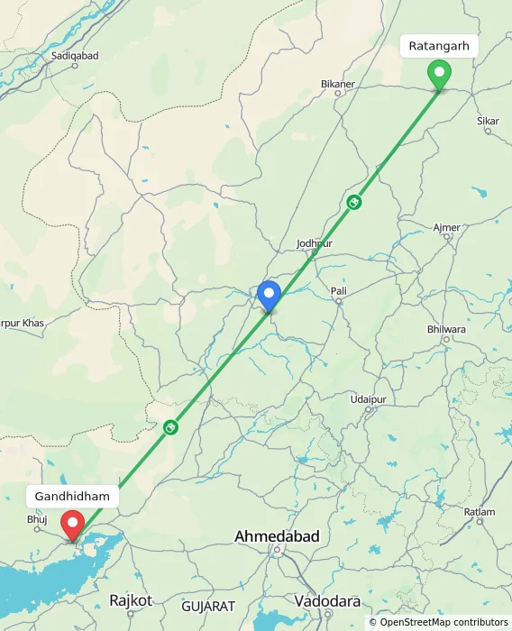 Route map showing distance and travel time from Ratangarh, India to Gandhidham, India