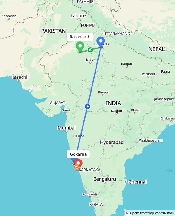 Route map showing distance and travel time from Ratangarh, India to Gokarna, India