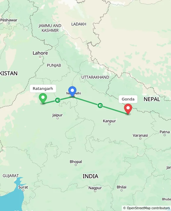Route map showing distance and travel time from Ratangarh, India to Gonda, India