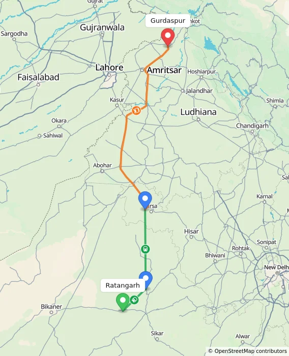 Route map showing distance and travel time from Ratangarh, India to Gurdaspur, India