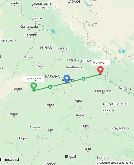 Route map showing distance and travel time from Ratangarh, India to Haldwani, India