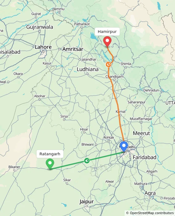 Route map showing distance and travel time from Ratangarh, India to Hamirpur, India
