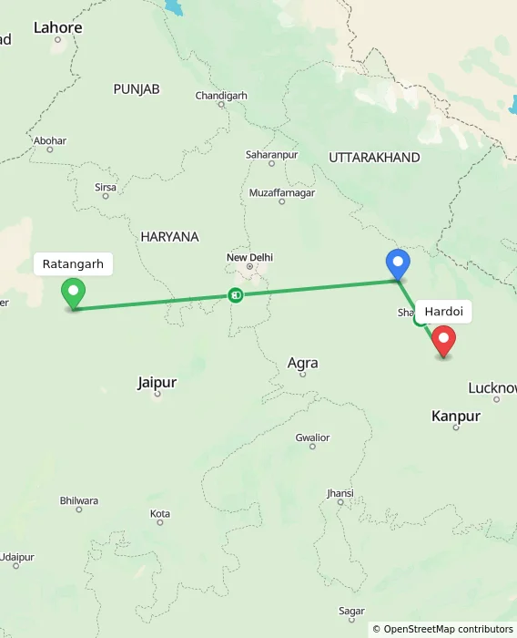 Route map showing distance and travel time from Ratangarh, India to Hardoi, India