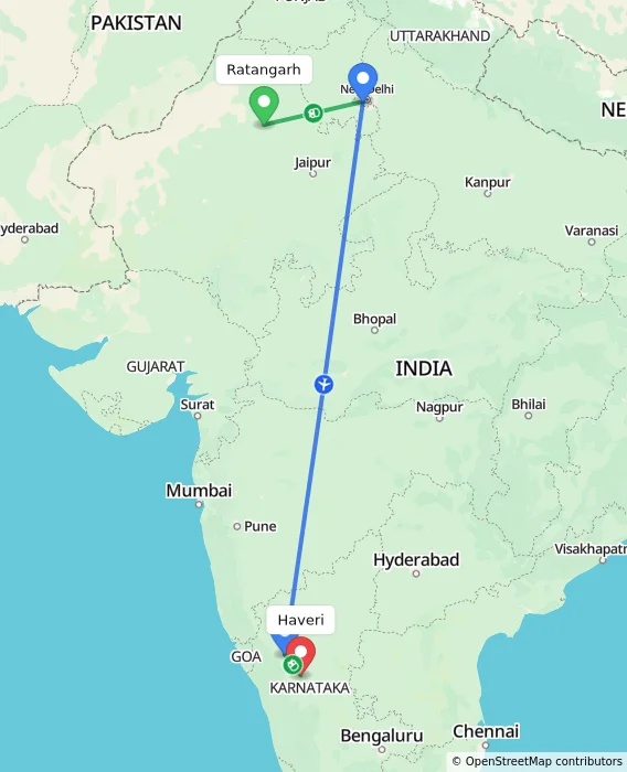 Route map showing distance and travel time from Ratangarh, India to Haveri, India