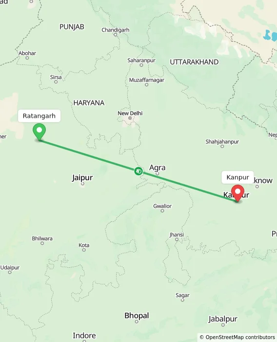 Route map showing distance and travel time from Ratangarh, India to Kanpur, India
