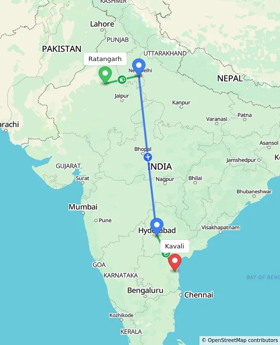 Route map showing distance and travel time from Ratangarh, India to Kavali, India