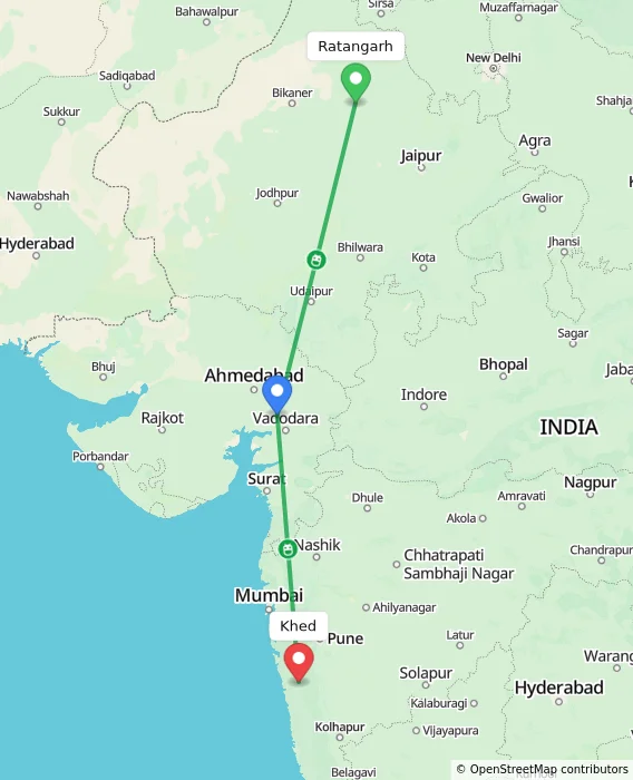 Route map showing distance and travel time from Ratangarh, India to Khed, India