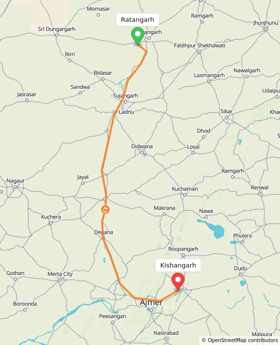 Route map showing distance and travel time from Ratangarh, India to Kishangarh, India