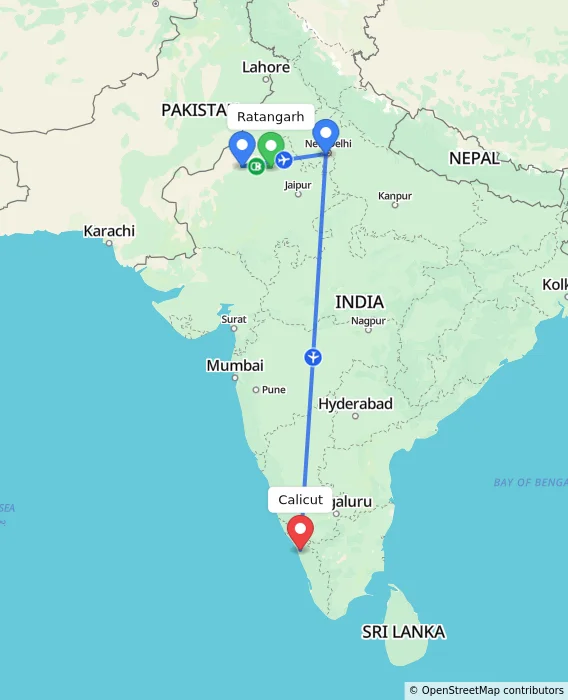 Route map showing distance and travel time from Ratangarh, India to Kozhikode, India