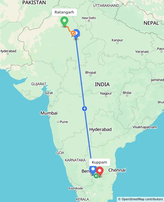 Route map showing distance and travel time from Ratangarh, India to Kuppam, India