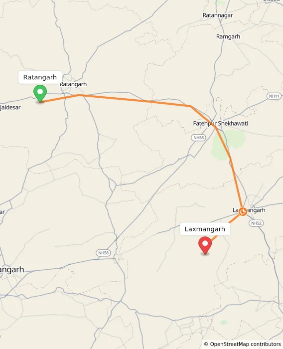 Route map showing distance and travel time from Ratangarh, India to Laxmangarh, India