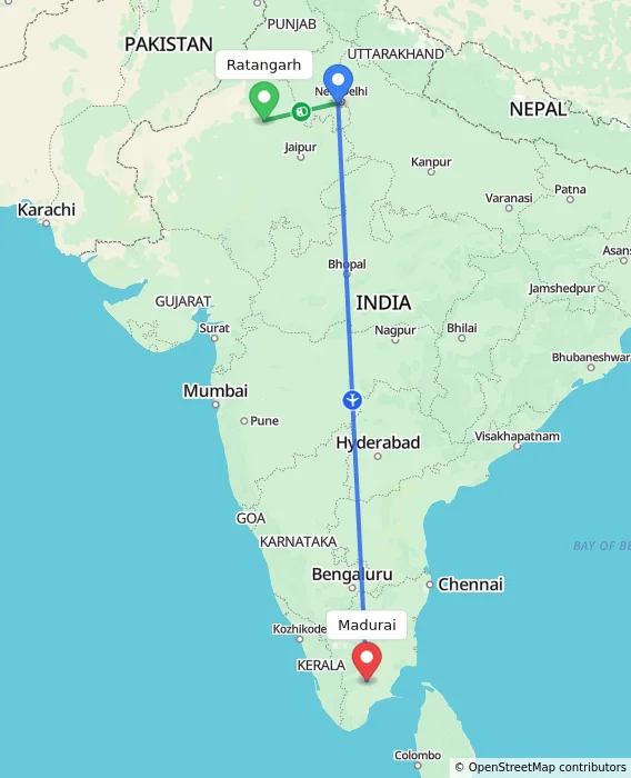 Route map showing distance and travel time from Ratangarh, India to Madurai, India
