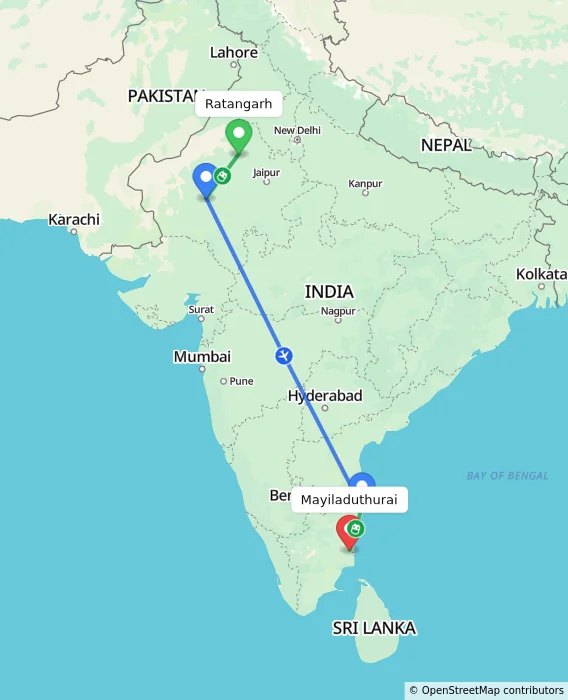 Route map showing distance and travel time from Ratangarh, India to Mayiladuthurai, India