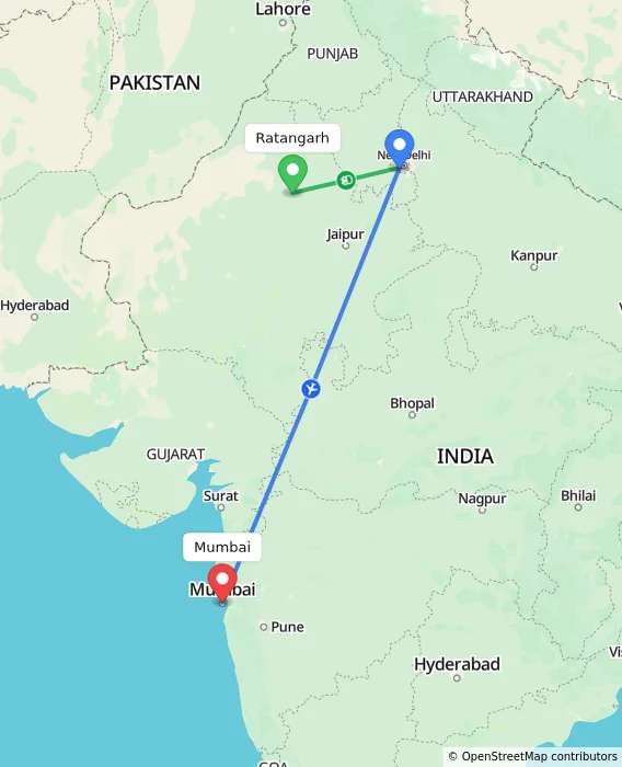 Route map showing distance and travel time from Ratangarh, India to Mumbai, India