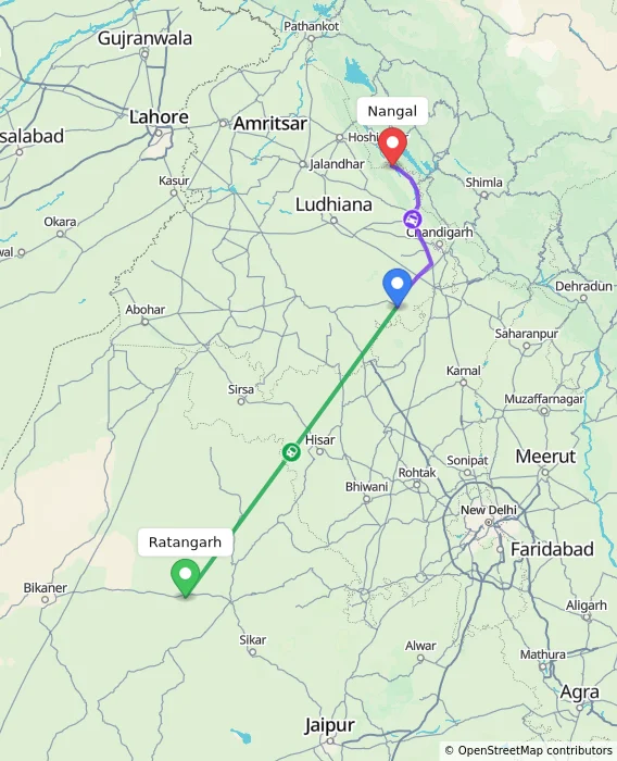 Route map showing distance and travel time from Ratangarh, India to Nangal, India