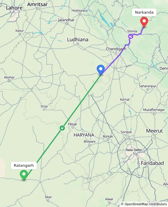 Route map showing distance and travel time from Ratangarh, India to Narkanda, India