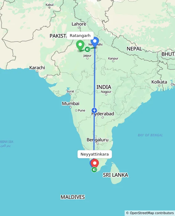 Route map showing distance and travel time from Ratangarh, India to Neyyattinkara, India