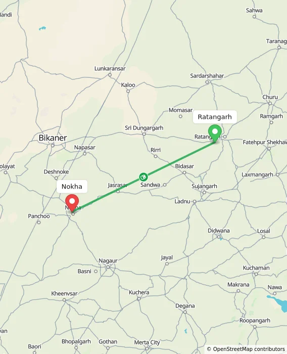 Route map showing distance and travel time from Ratangarh, India to Nokha, India