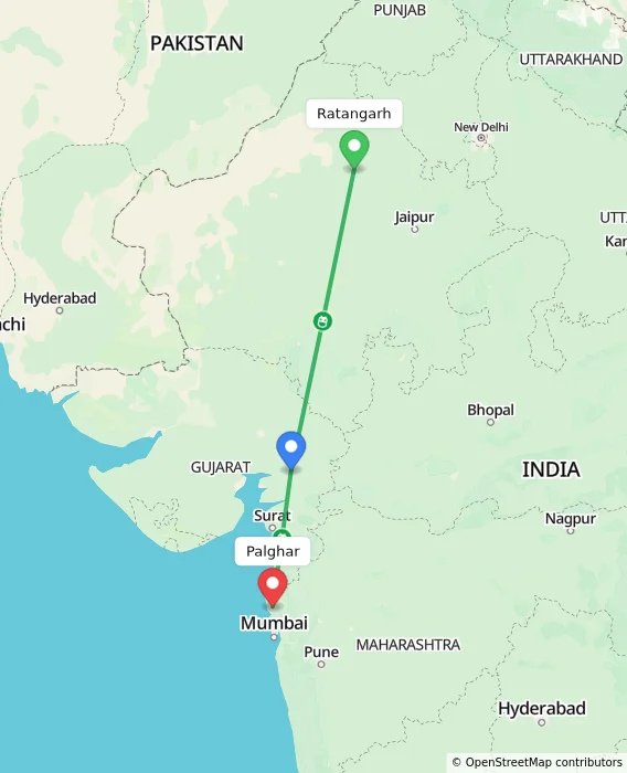 Route map showing distance and travel time from Ratangarh, India to Palghar, India