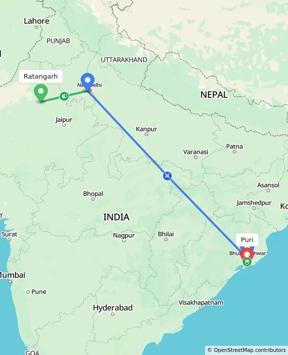 Route map showing distance and travel time from Ratangarh, India to Puri, India