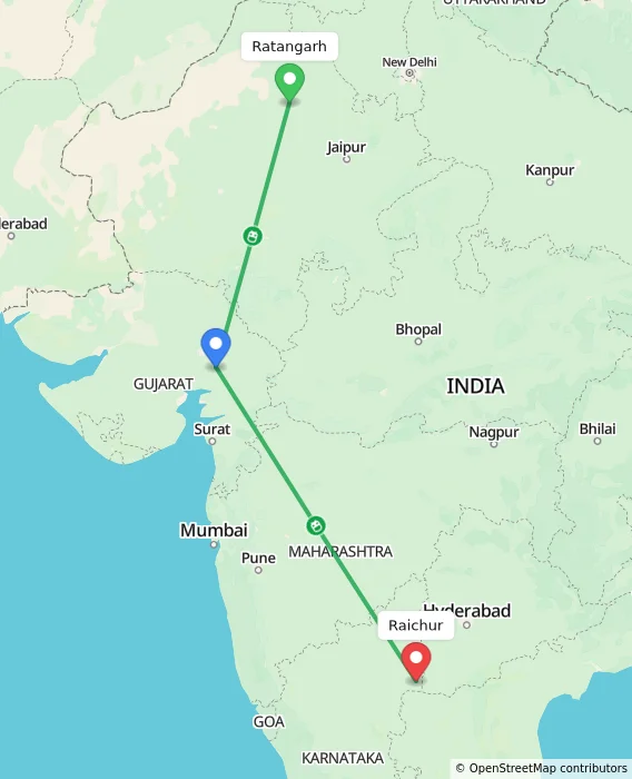 Route map showing distance and travel time from Ratangarh, India to Raichur, India