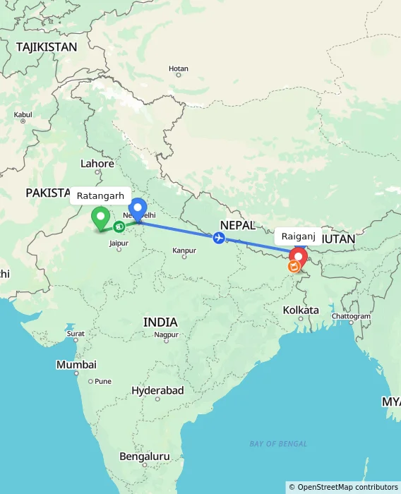 Route map showing distance and travel time from Ratangarh, India to Raiganj, India
