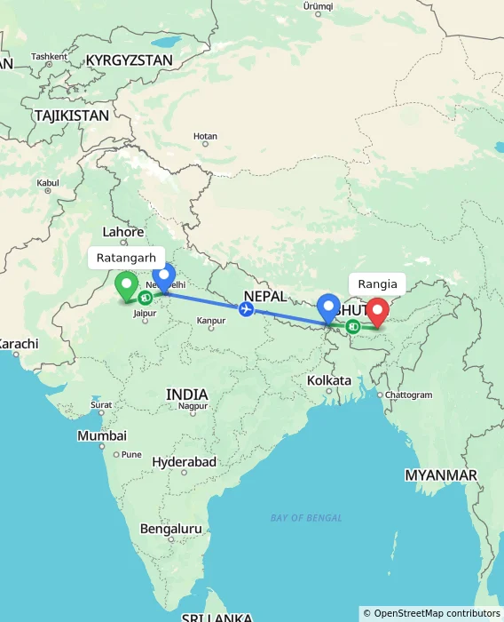 Route map showing distance and travel time from Ratangarh, India to Rangia, India
