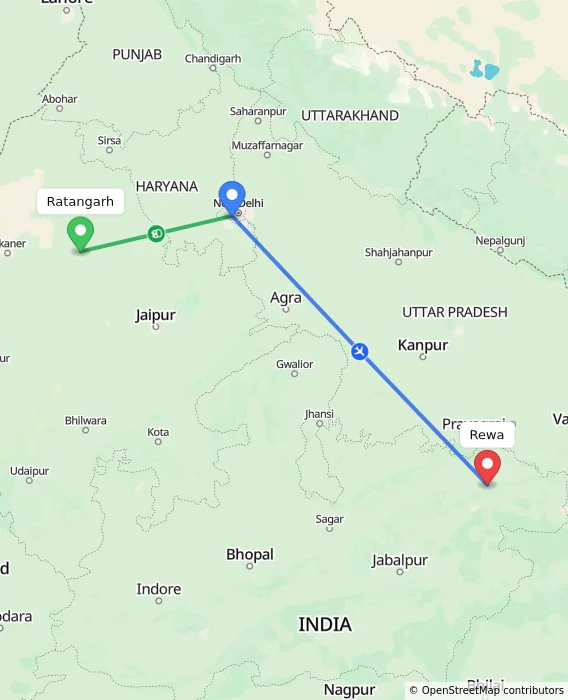 Route map showing distance and travel time from Ratangarh, India to Rewa, India