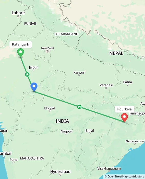 Route map showing distance and travel time from Ratangarh, India to Rourkela, India