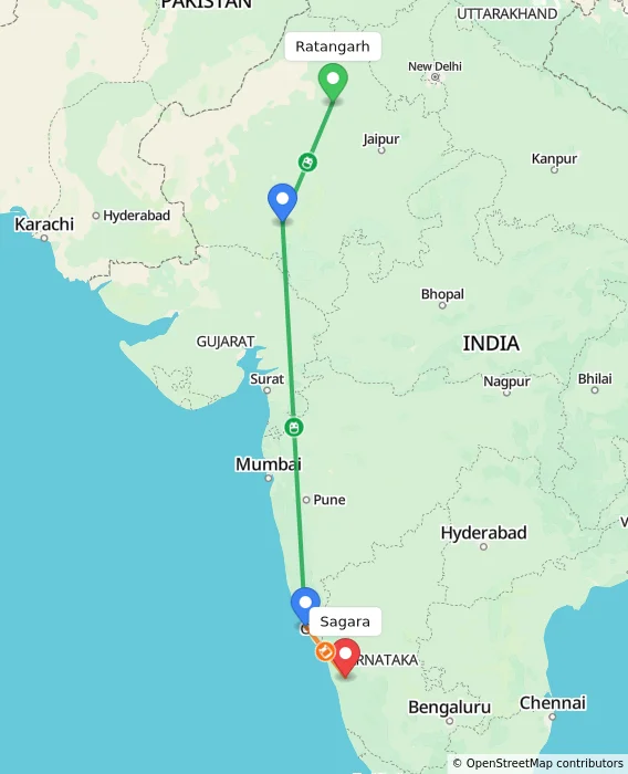 Route map showing distance and travel time from Ratangarh, India to Sagara, India