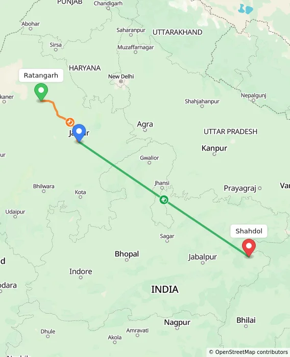 Route map showing distance and travel time from Ratangarh, India to Shahdol, India