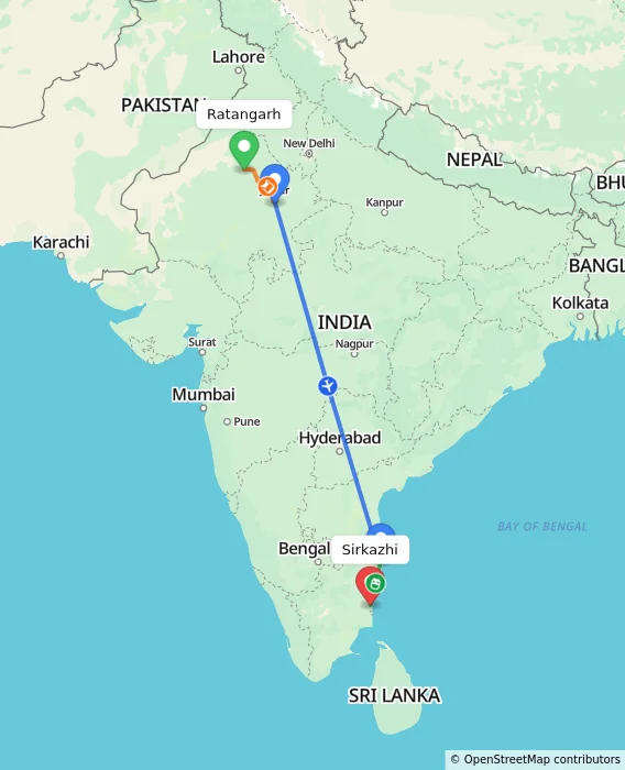 Route map showing distance and travel time from Ratangarh, India to Sirkazhi, India