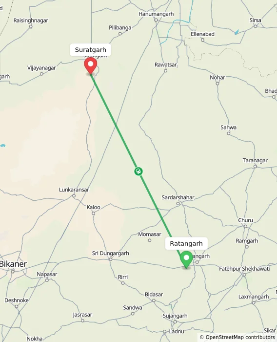 Route map showing distance and travel time from Ratangarh, India to Suratgarh, India