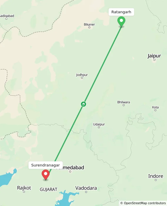 Route map showing distance and travel time from Ratangarh, India to Surendranagar, India